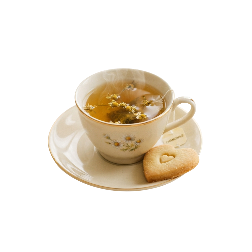 A white cup of chamomile tea with flower petals and steam, a saucer, and a heart-shaped biscuit.