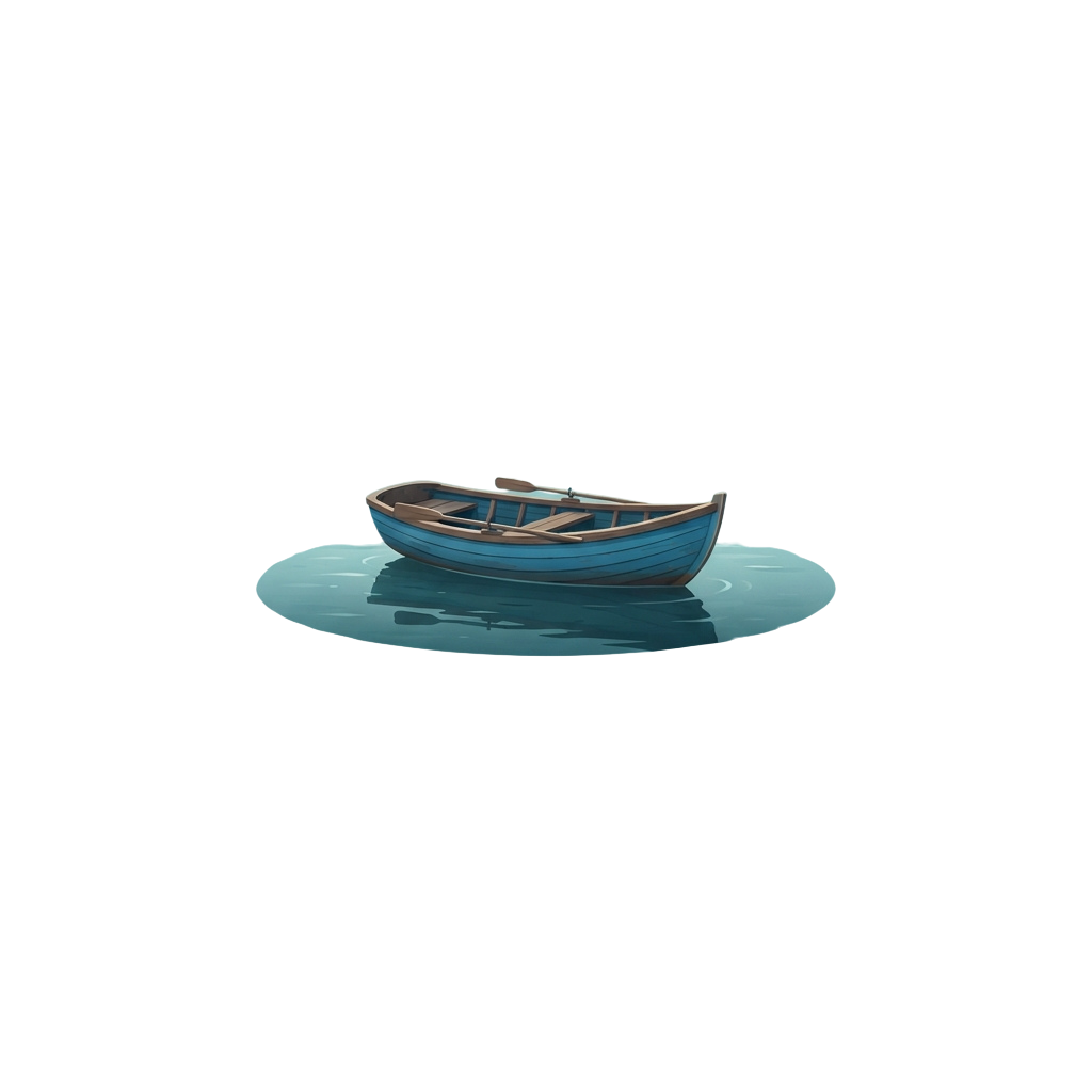 A small blue rowboat floating on still water with a reflection underneath