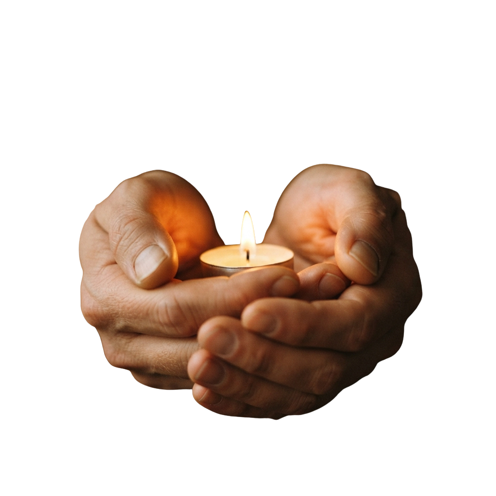 Two hands gently holding a small lit candle against a dark background