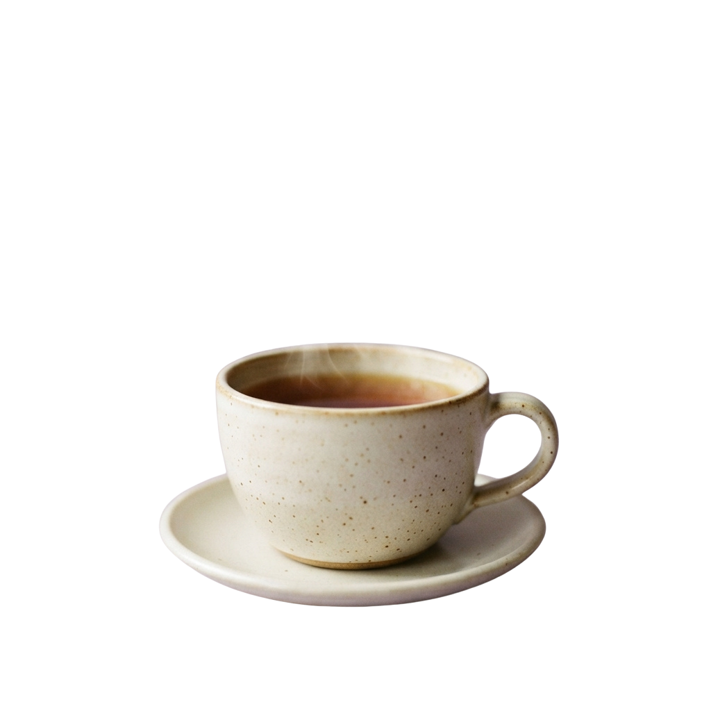 A light-colored ceramic mug filled with steaming hot liquid placed on a matching saucer