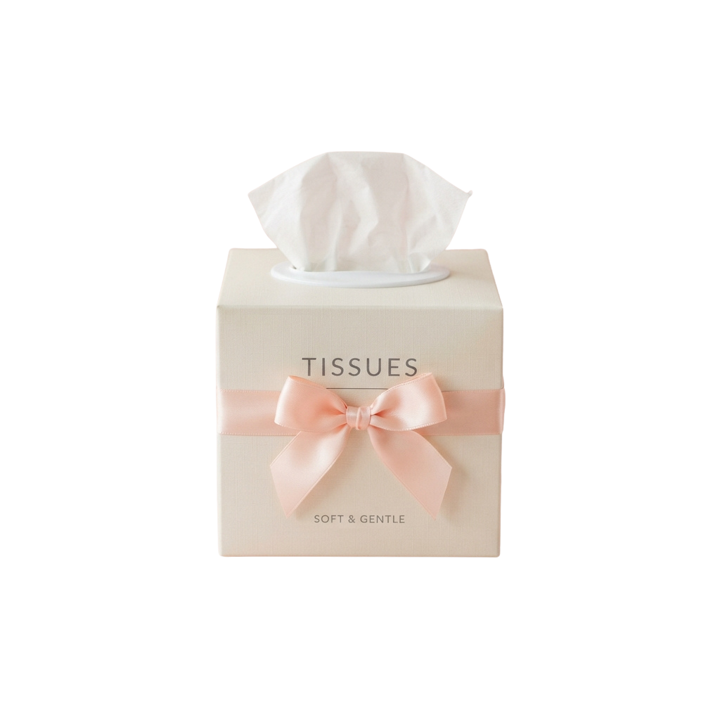 Box of tissues wrapped with a pink ribbon and labeled soft and gentle