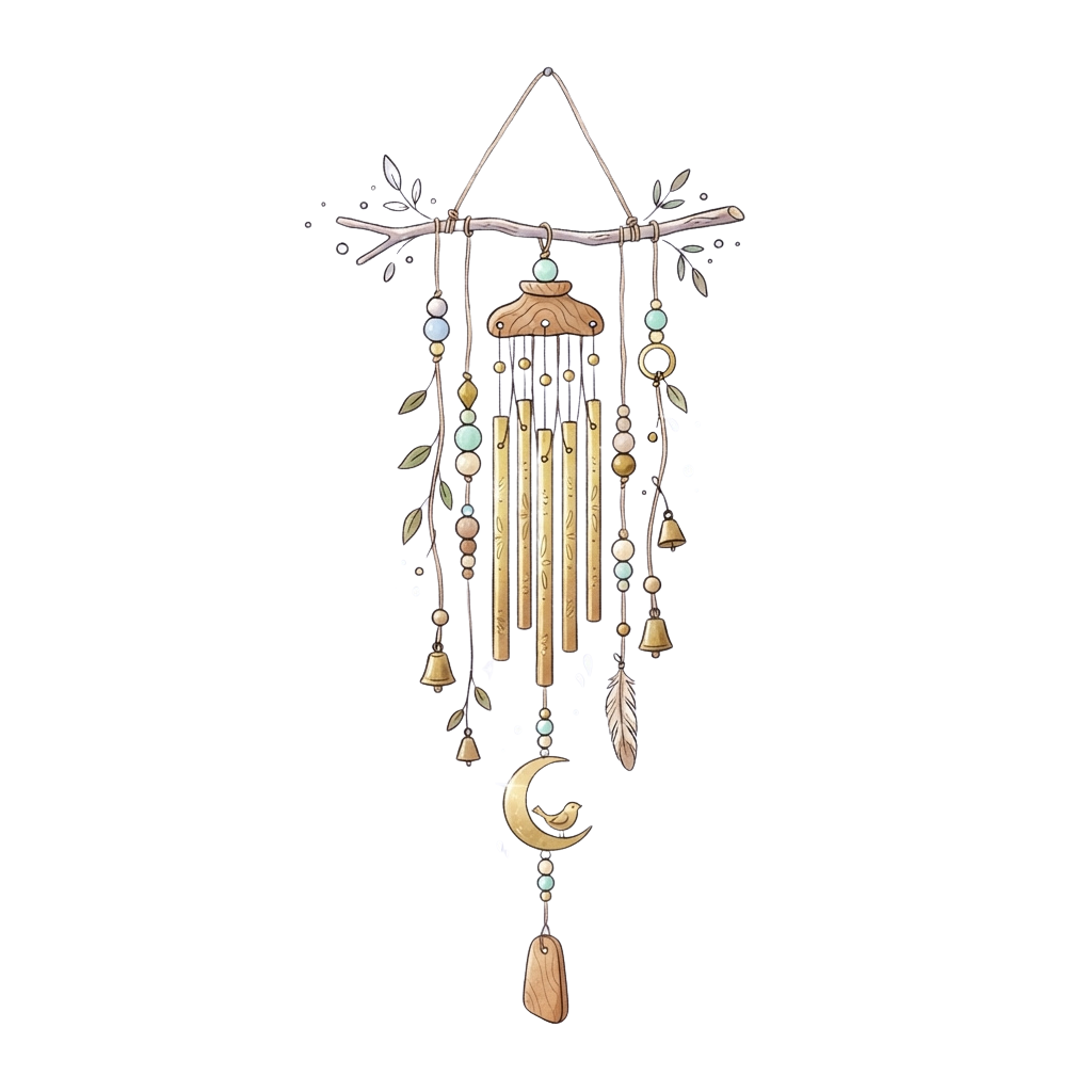 Decorative wind chime featuring wooden sticks, metal tubes, beads, feathers, and a crescent moon charm hanging from a wooden branch frame
