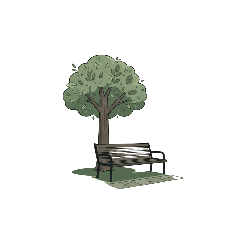 A simple line drawing of a wooden park bench situated under a leafy tree on a patch of grass