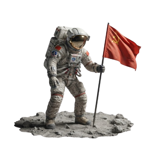 An astronaut standing on a rocky surface holding a red flag with a yellow emblem