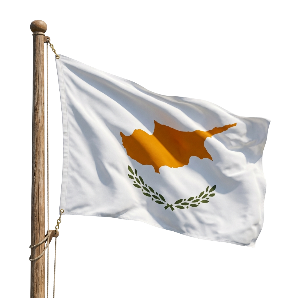 Cyprus flag with copper-colored emblem and olive branches on white background waving in the wind