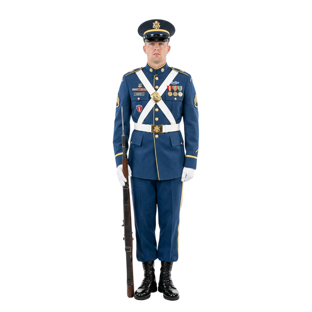 Person in formal military dress uniform holding a rifle, adorned with medals and insignia