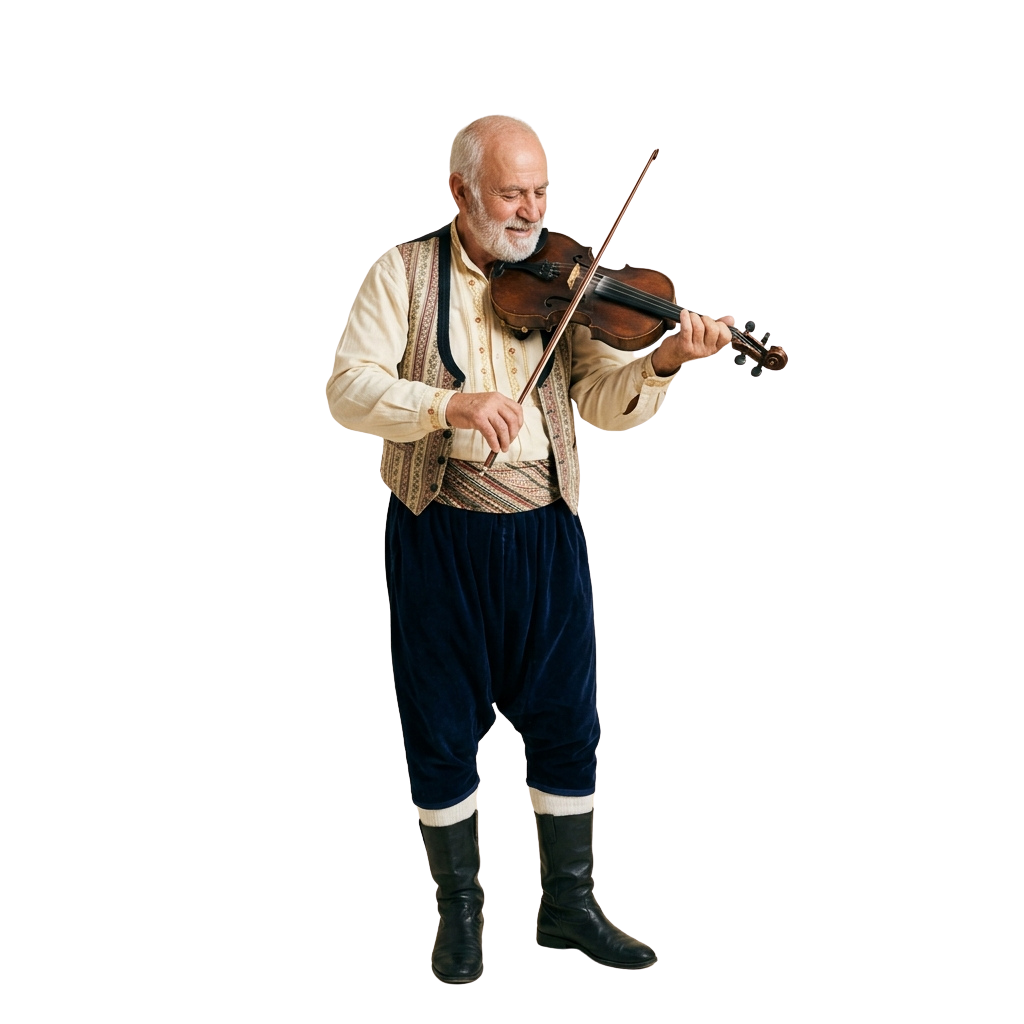 An older man wearing traditional clothing plays a violin with a focused expression.