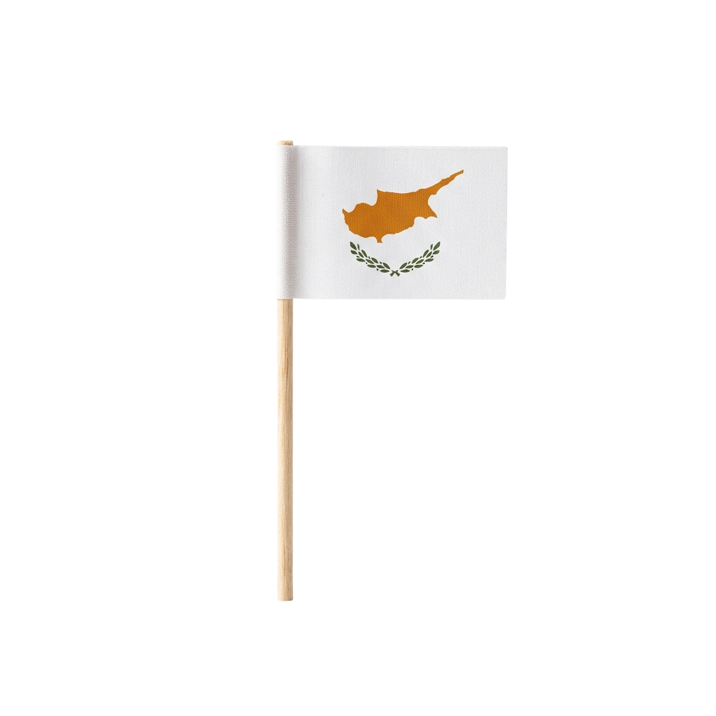 Flag of Cyprus featuring a white background with a copper-colored shield and olive branches