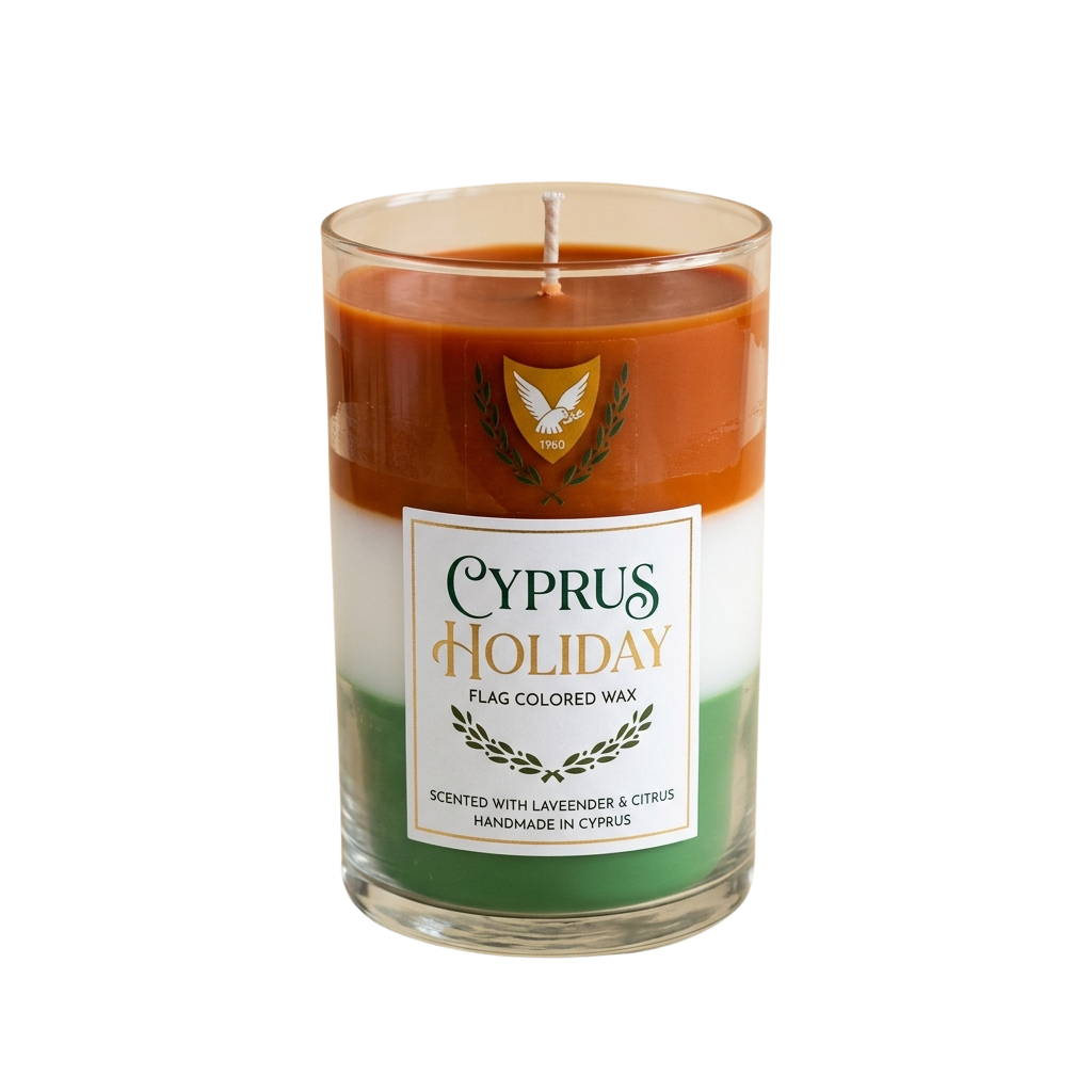 A glass jar candle with wax layers in white, orange, and green colors, resembling the Cyprus flag, featuring a label with a national emblem and text