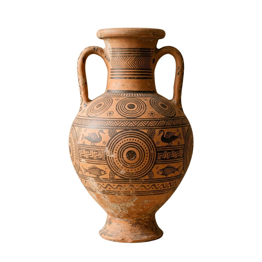 Terracotta vase with two handles, decorated with black geometric patterns, birds, and fish motifs