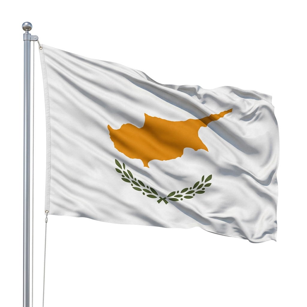 Flag of Cyprus with copper-colored map shape and green olive branches on white background waving in the wind