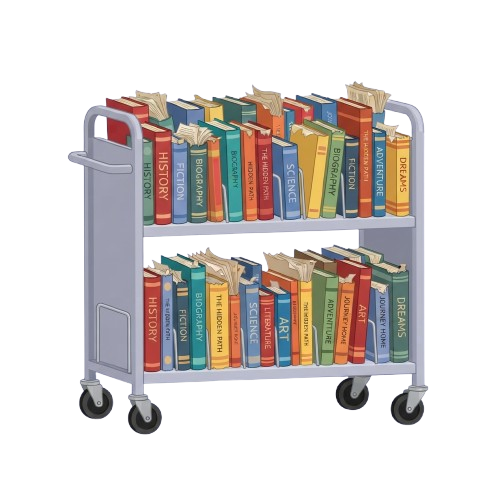 A mobile book cart with two shelves filled with colorful books organized by subject labels like History, Biography, Fiction, and more.