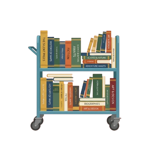 A mobile book cart with four wheels, filled with books organized by genre on two shelves.