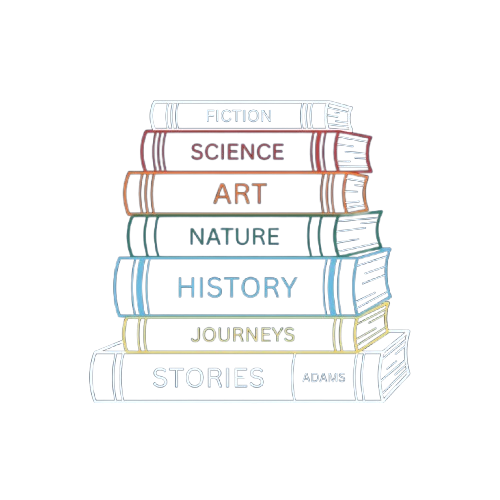Illustration of six stacked books labeled Fiction, Science, Art, Nature, History, Journeys, and Stories.