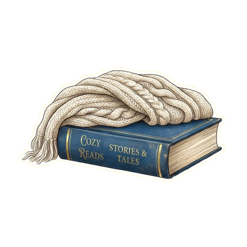 A knitted scarf draped over a book titled Cozy Reads Stories and Tales