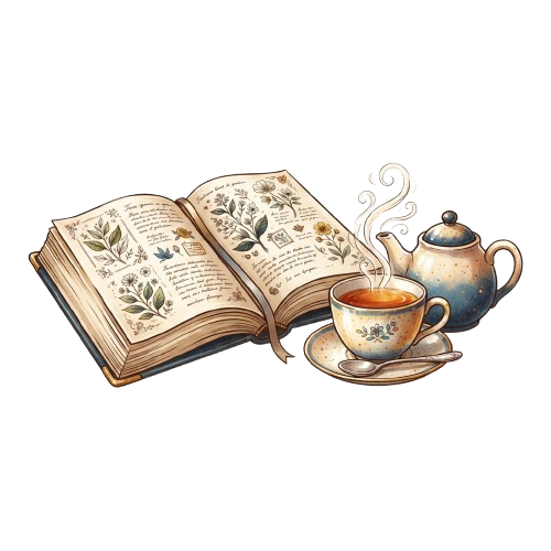 An open vintage book with botanical illustrations next to a teacup and teapot with steam rising, on a dark background.
