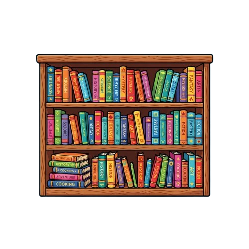 Illustration of a wooden bookshelf filled with colorful books arranged neatly on three shelves