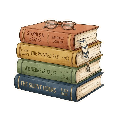 Illustration of four stacked vintage books with glasses on top, each labeled with different book titles and authors.
