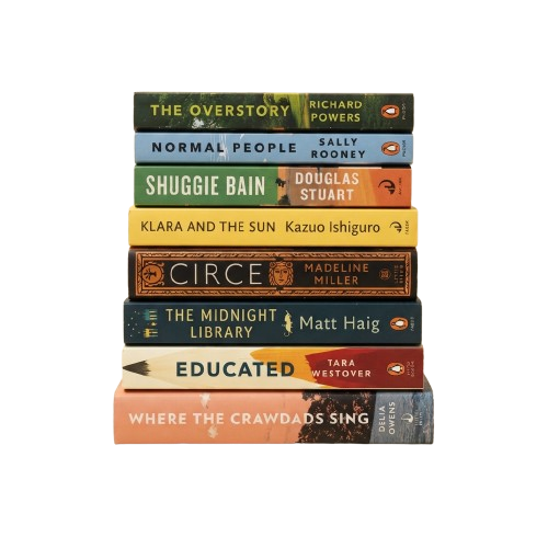 Eight colorful book covers stacked vertically, showing titles like The Overstory, Normal People, and Educated.
