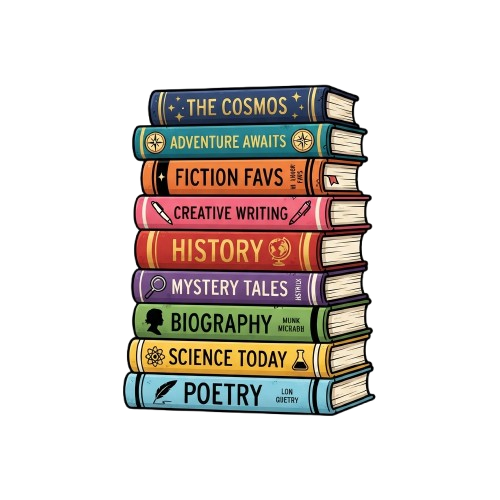 Illustration of eight colorful books stacked vertically, each labeled with a different genre or subject like Cosmos, Adventure, Fiction, and Poetry.