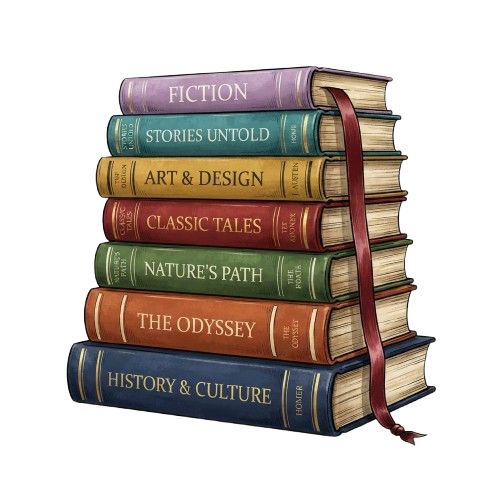 Seven colorful vintage-style books stacked with labels for Fiction, Stories Untold, Art & Design, Classic Tales, Nature's Path, The Odyssey, and History & Culture