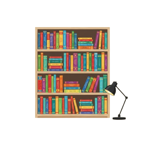Illustration of a wooden bookshelf filled with colorful books and a desk lamp on the right side