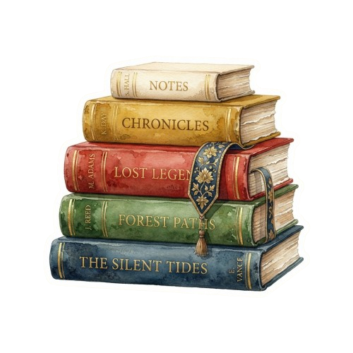 Five vintage-style books stacked vertically with titles Notes, Chronicles, Lost Legend, Forest Paths, and The Silent Tides