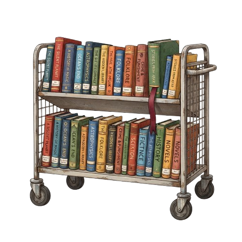 A mobile book cart with two shelves filled with colorful books, including fiction and non-fiction titles.