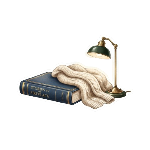 A book titled Stories by the Fireplace covered with a knitted cream-colored scarf, next to a vintage-style desk lamp on a black background
