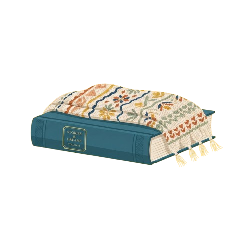 A large book wrapped in a colorful floral patterned throw with tassels on the corners.