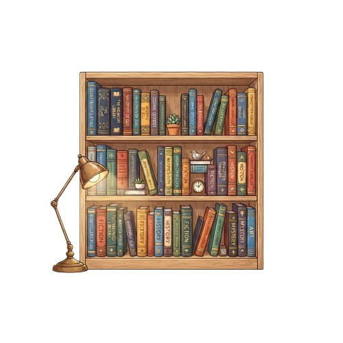A wooden bookshelf filled with colorful books and a desk lamp casting light on the middle shelf