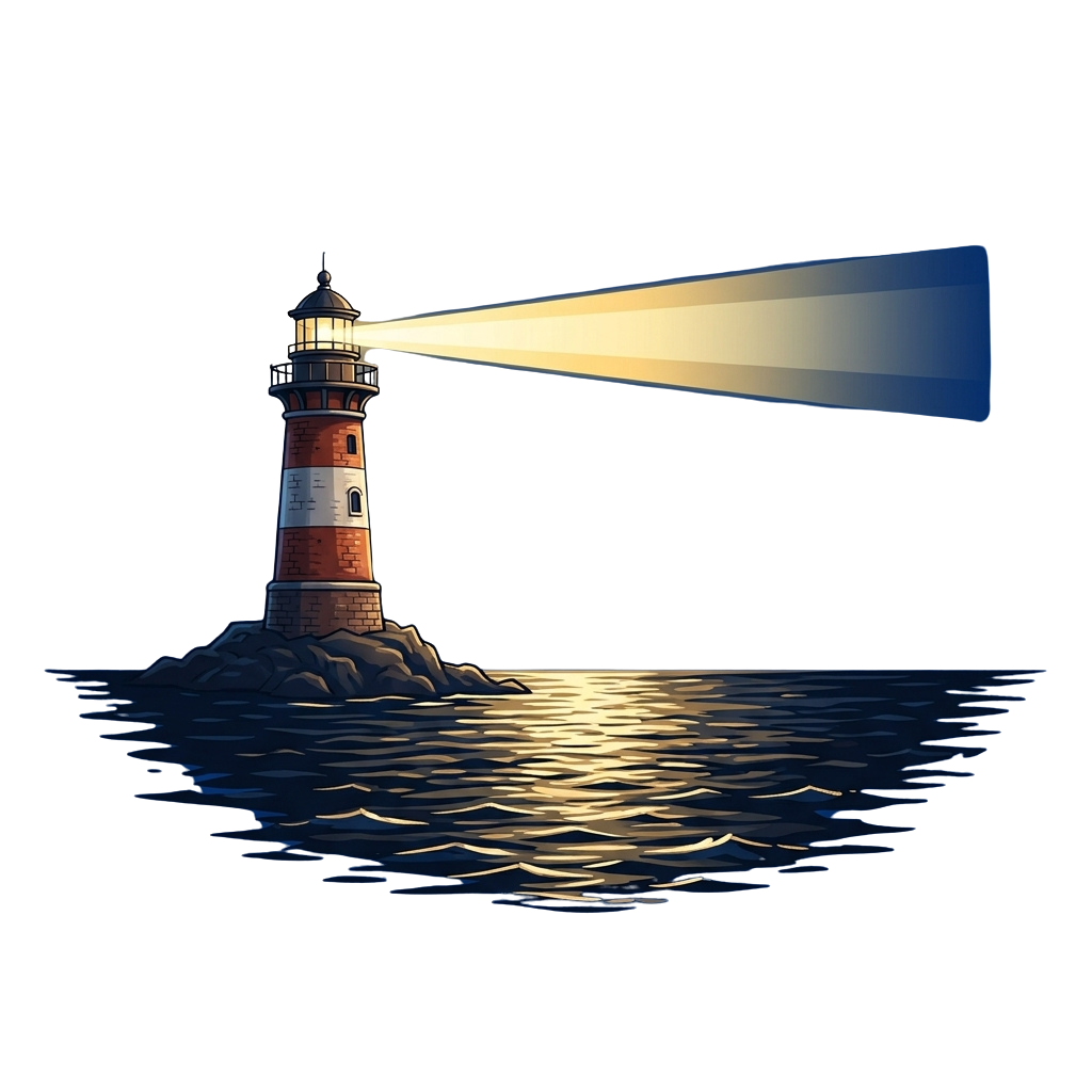 A lighthouse on a rocky island shining a bright beam into the dark night sea