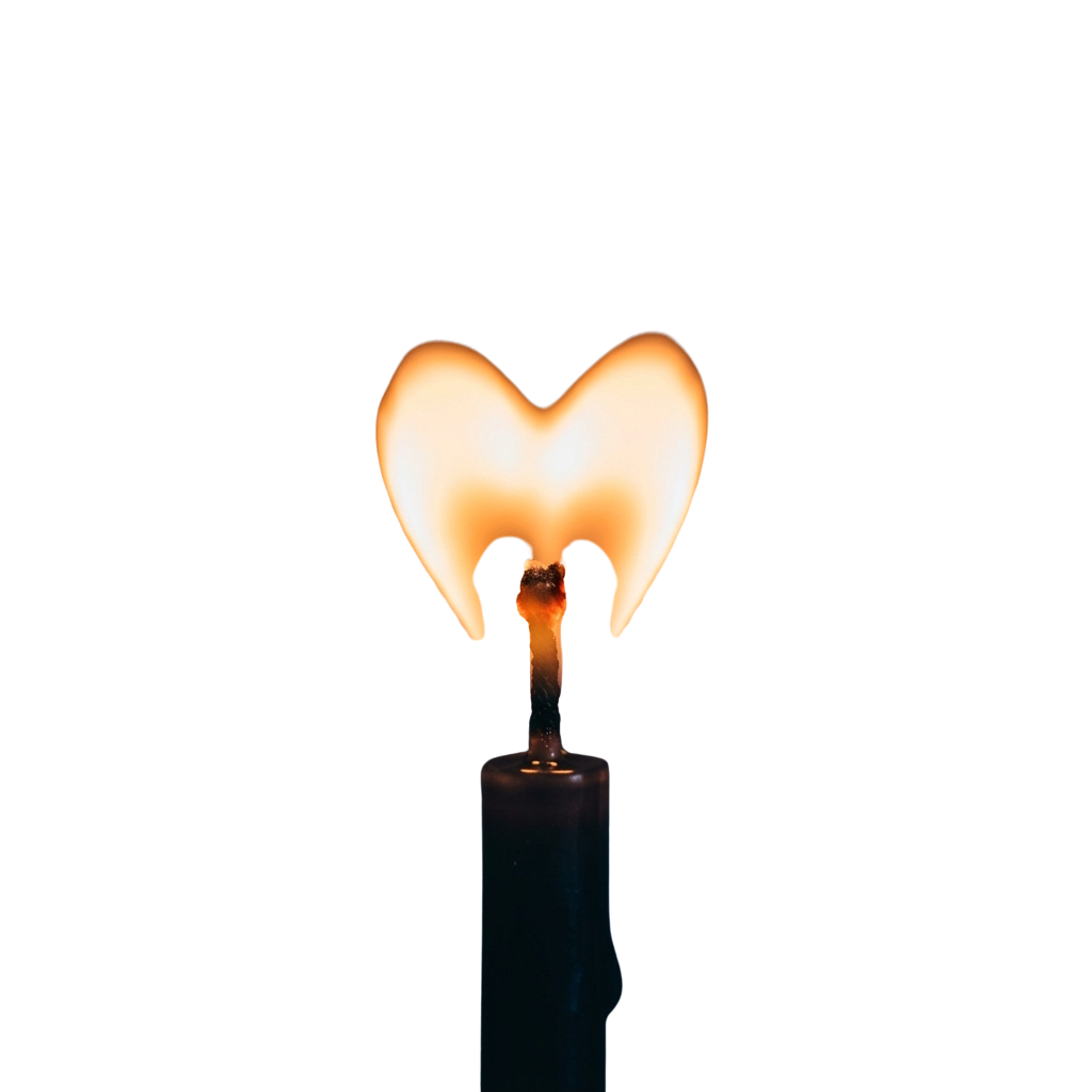 A candle flame shaped like a glowing heart against a dark background
