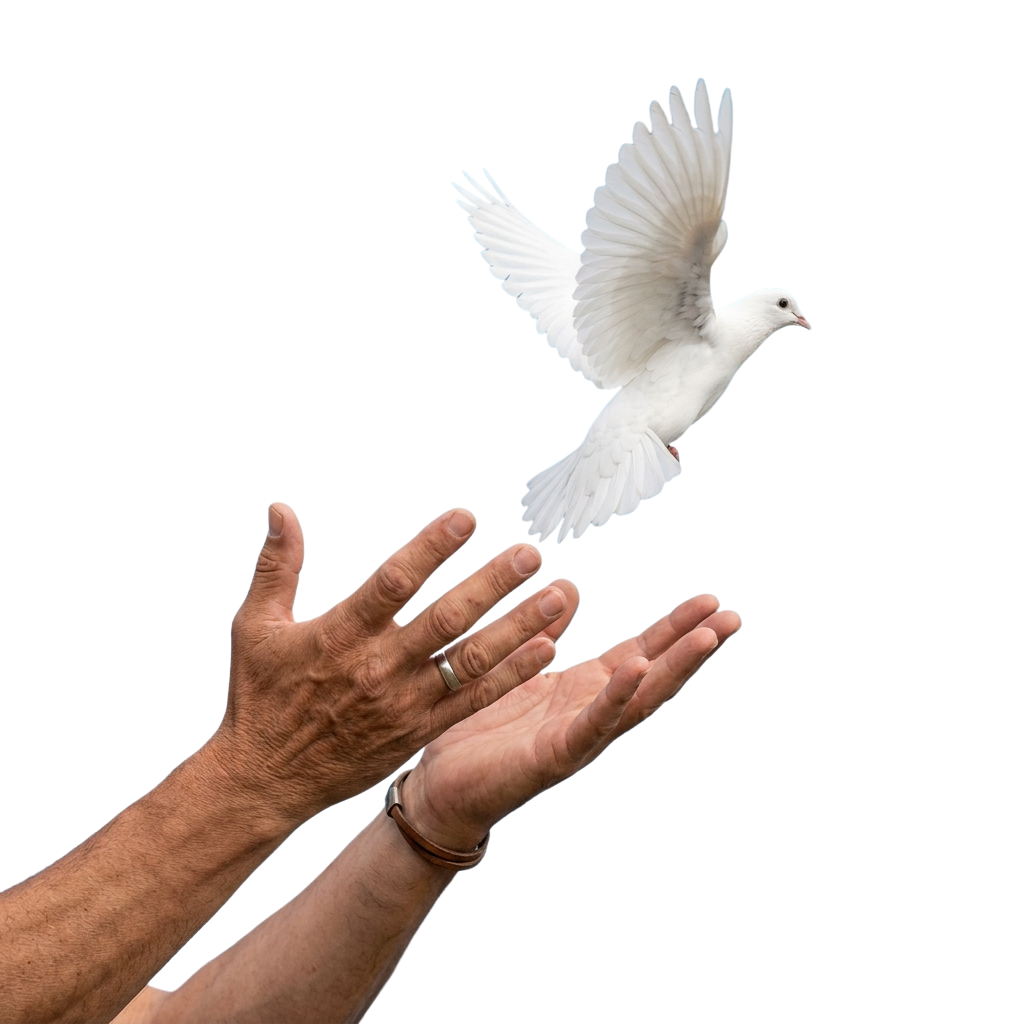 White dove in flight above two open hands reaching upward against a black background