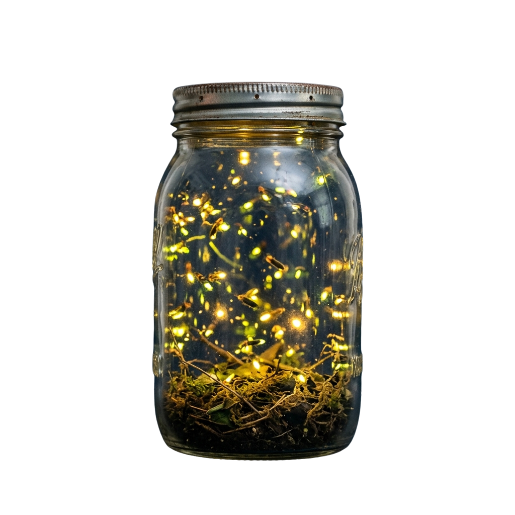 A clear glass jar containing glowing fireflies and twigs on a dark background