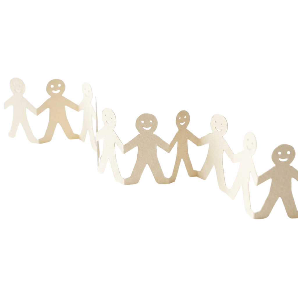 Paper cutouts of people holding hands in a chain formation against a black background
