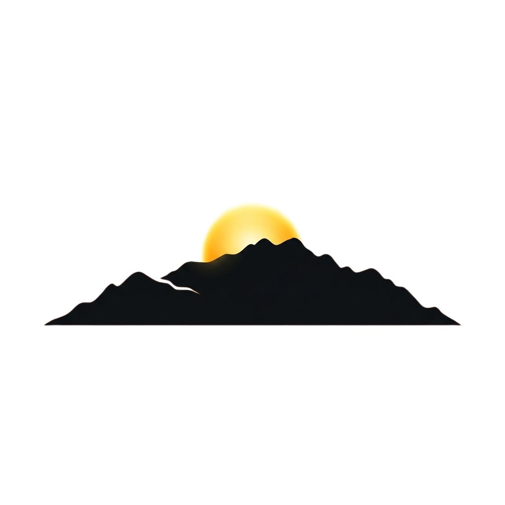 A sunset with the sun partially hidden behind a mountain range and ocean waves visible below