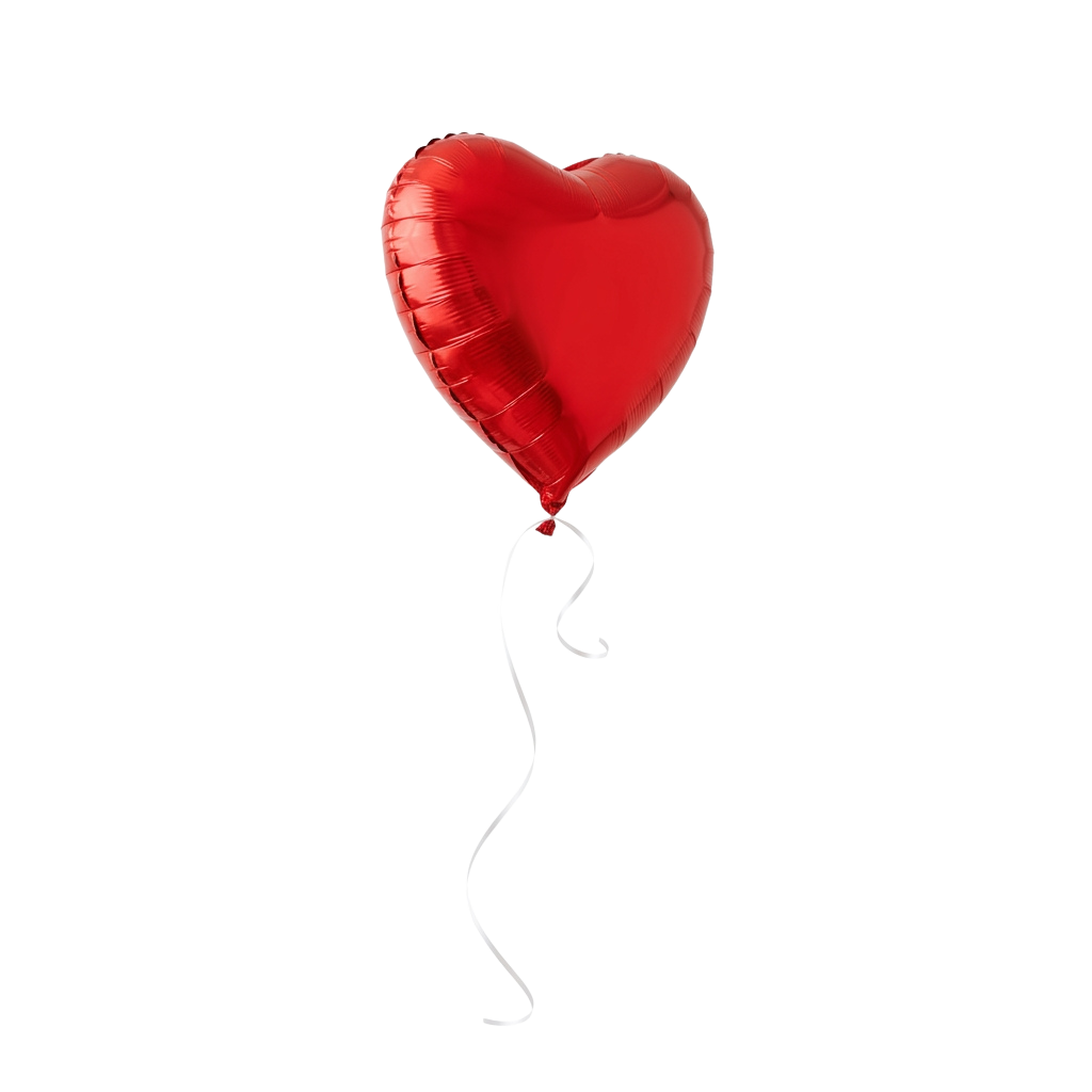 A shiny red heart-shaped balloon with a white string attached, floating against a black background