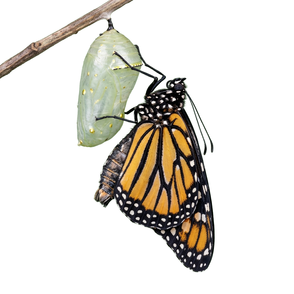 A monarch butterfly emerging from its green chrysalis attached to a branch.
