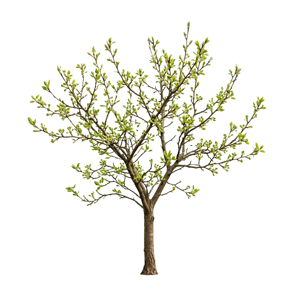 A young tree with light green leaves and a brown trunk against a black background