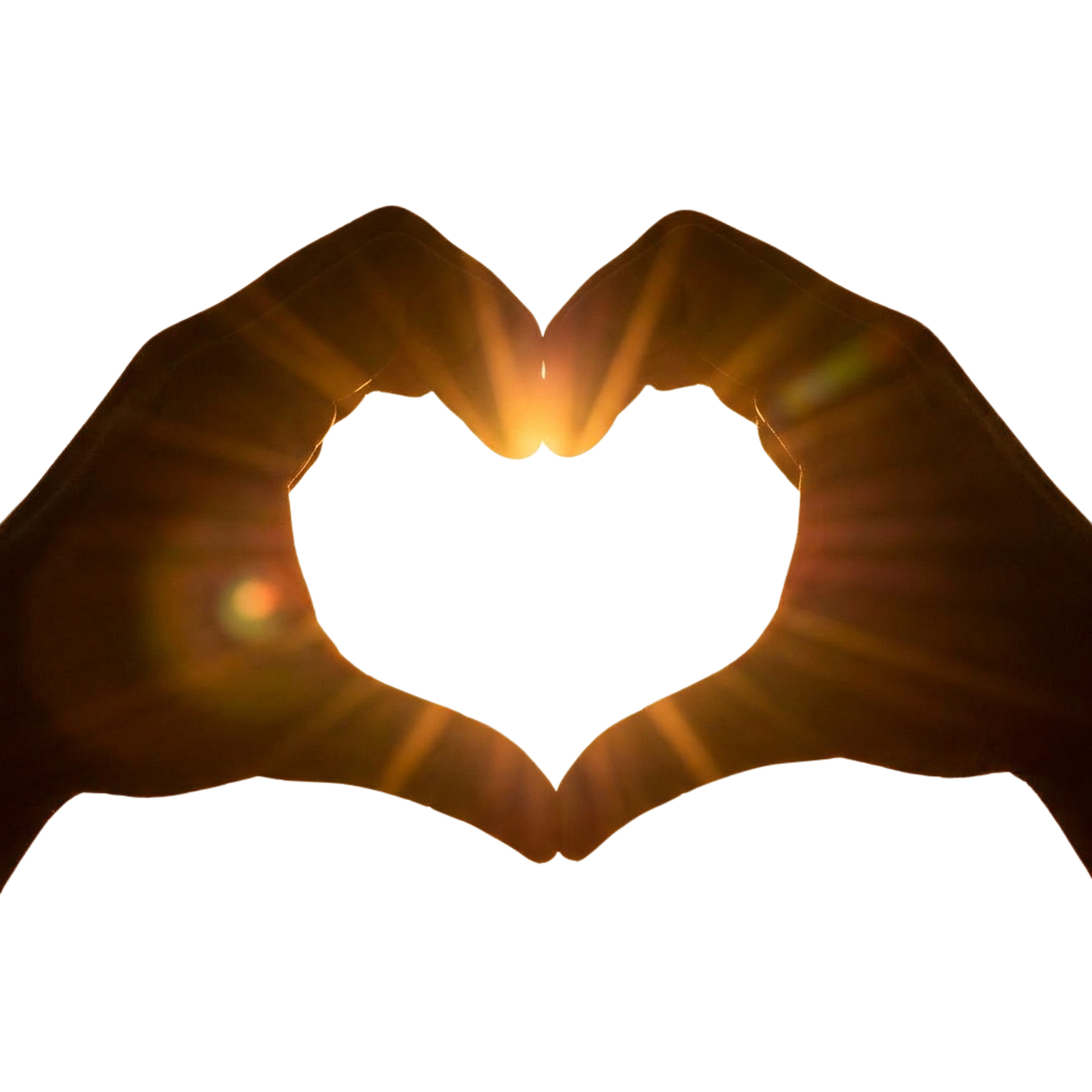 Two hands forming a heart shape with glowing light radiating from the center