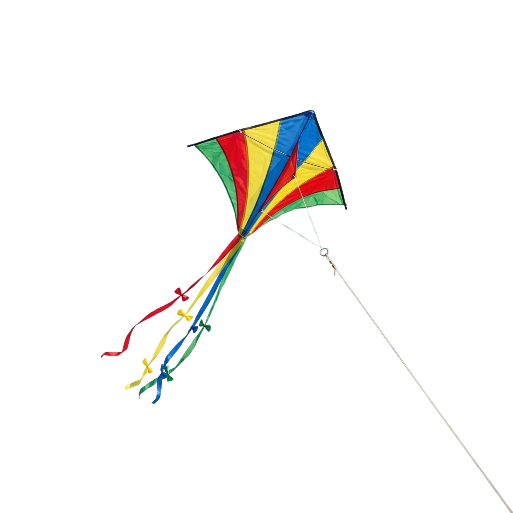 A vibrant diamond-shaped kite with rainbow colors flying in the air against a dark background
