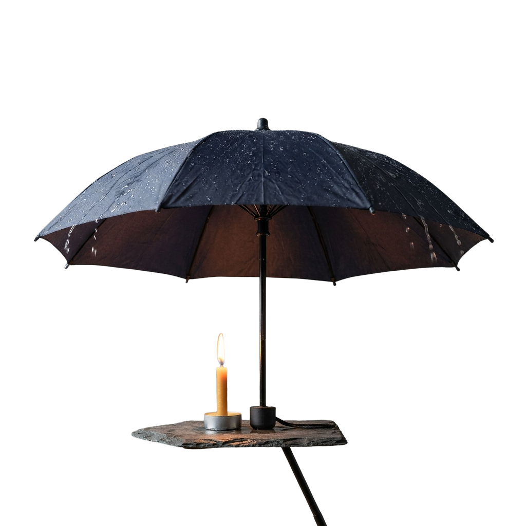 A black umbrella with water droplets under rainy conditions, with a lit candle placed beneath it on a dark surface