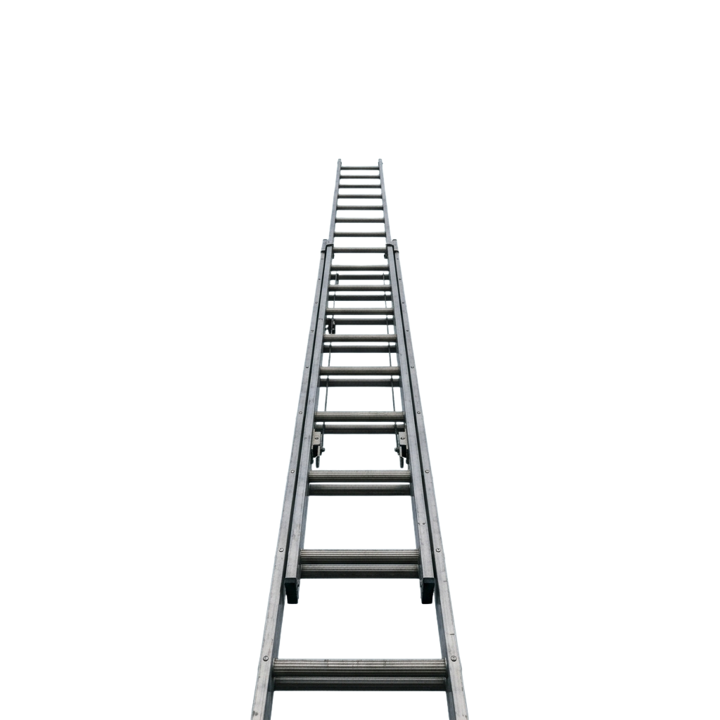 A gray extension ladder standing upright against a dark background