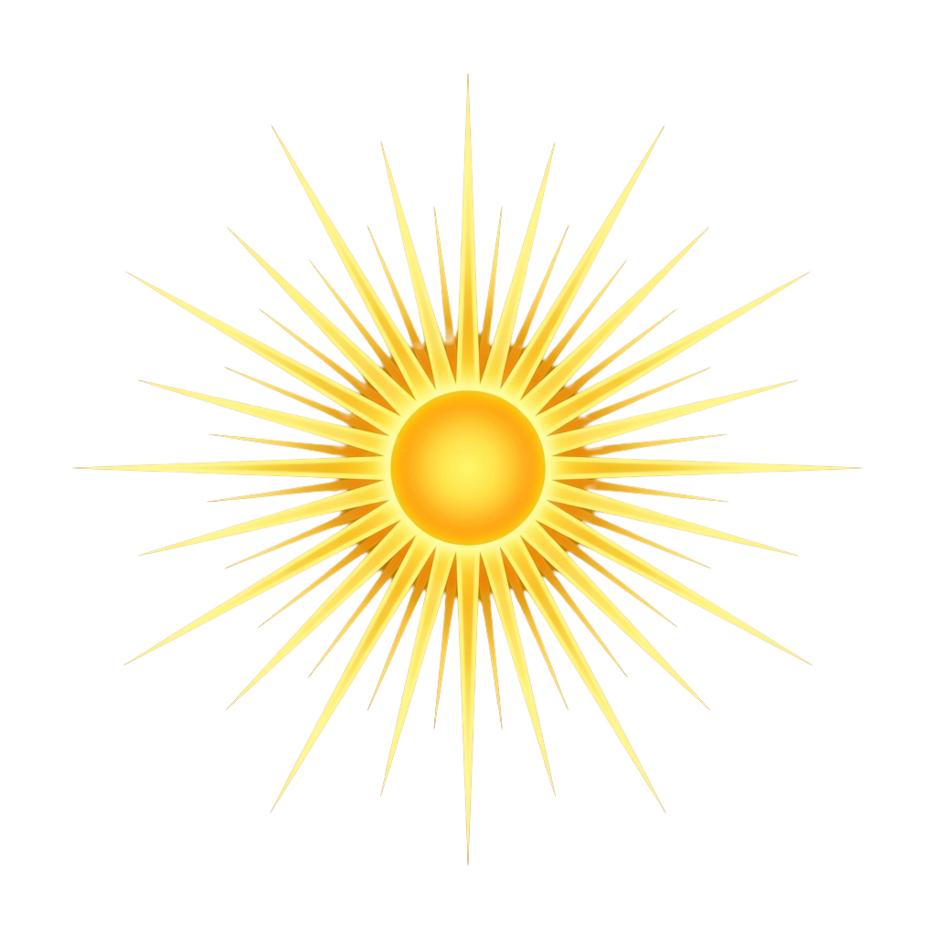 A glowing sun with bright rays radiating outward against a black background