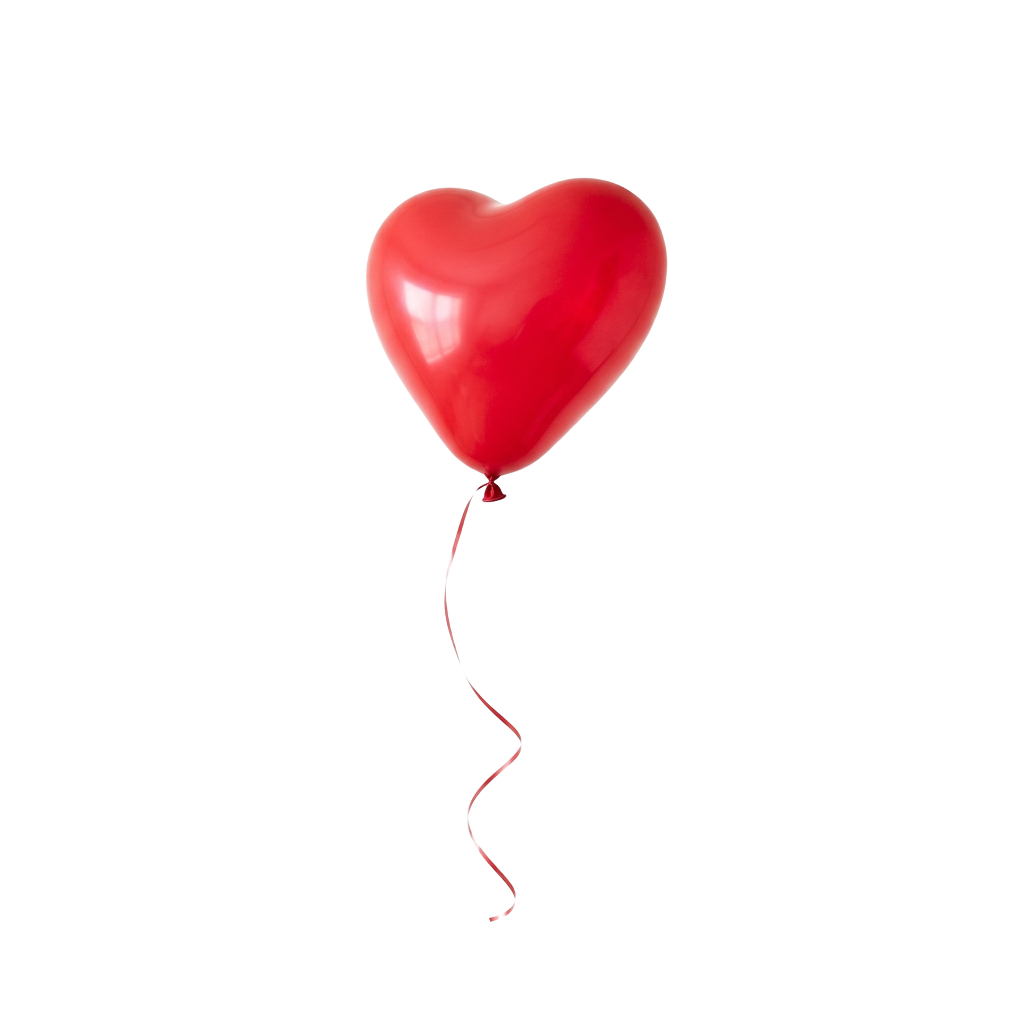 A red heart-shaped balloon floating on a thin string against a black background