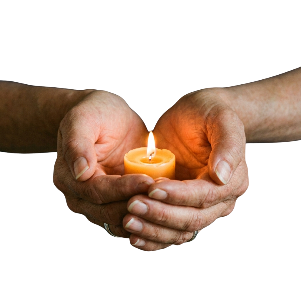 Two hands gently holding a small lit candle between them.