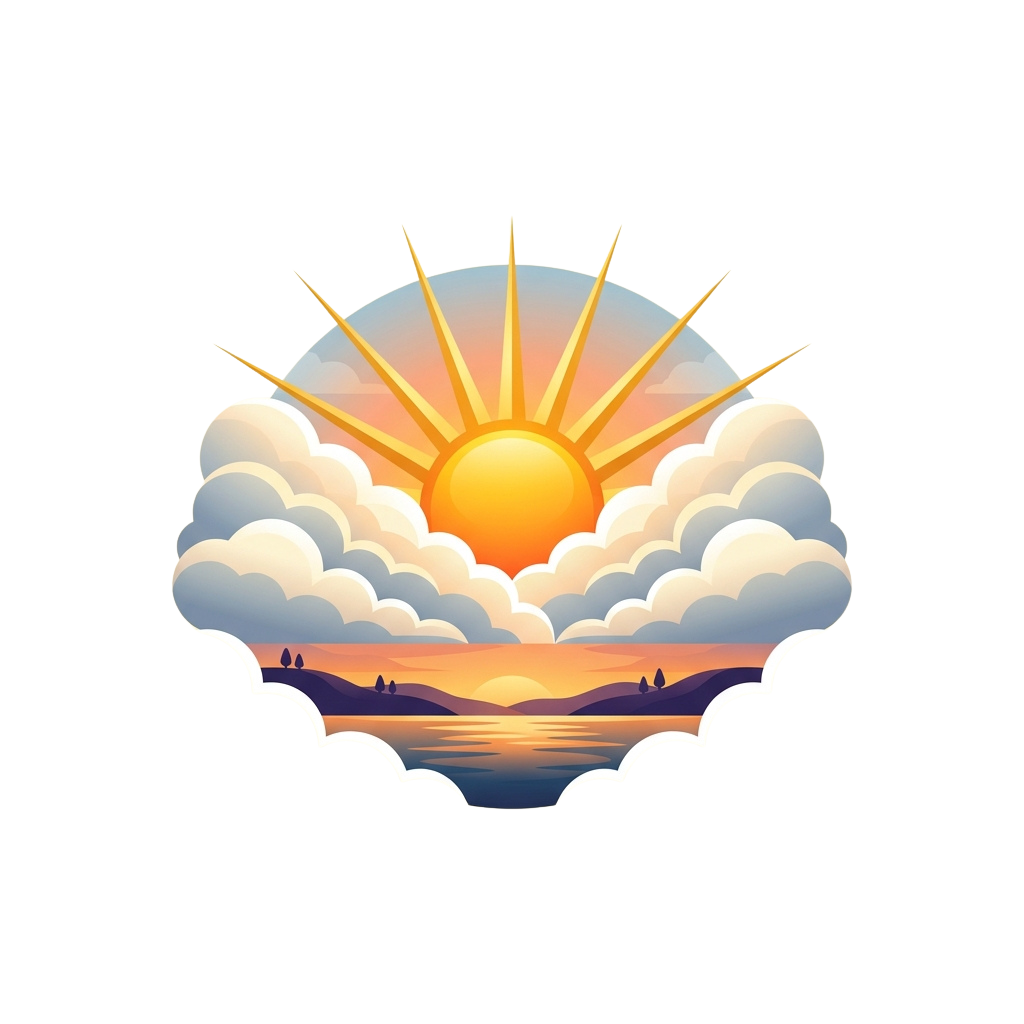 A vibrant sunrise with rays breaking through clouds over a calm body of water and distant mountain silhouettes