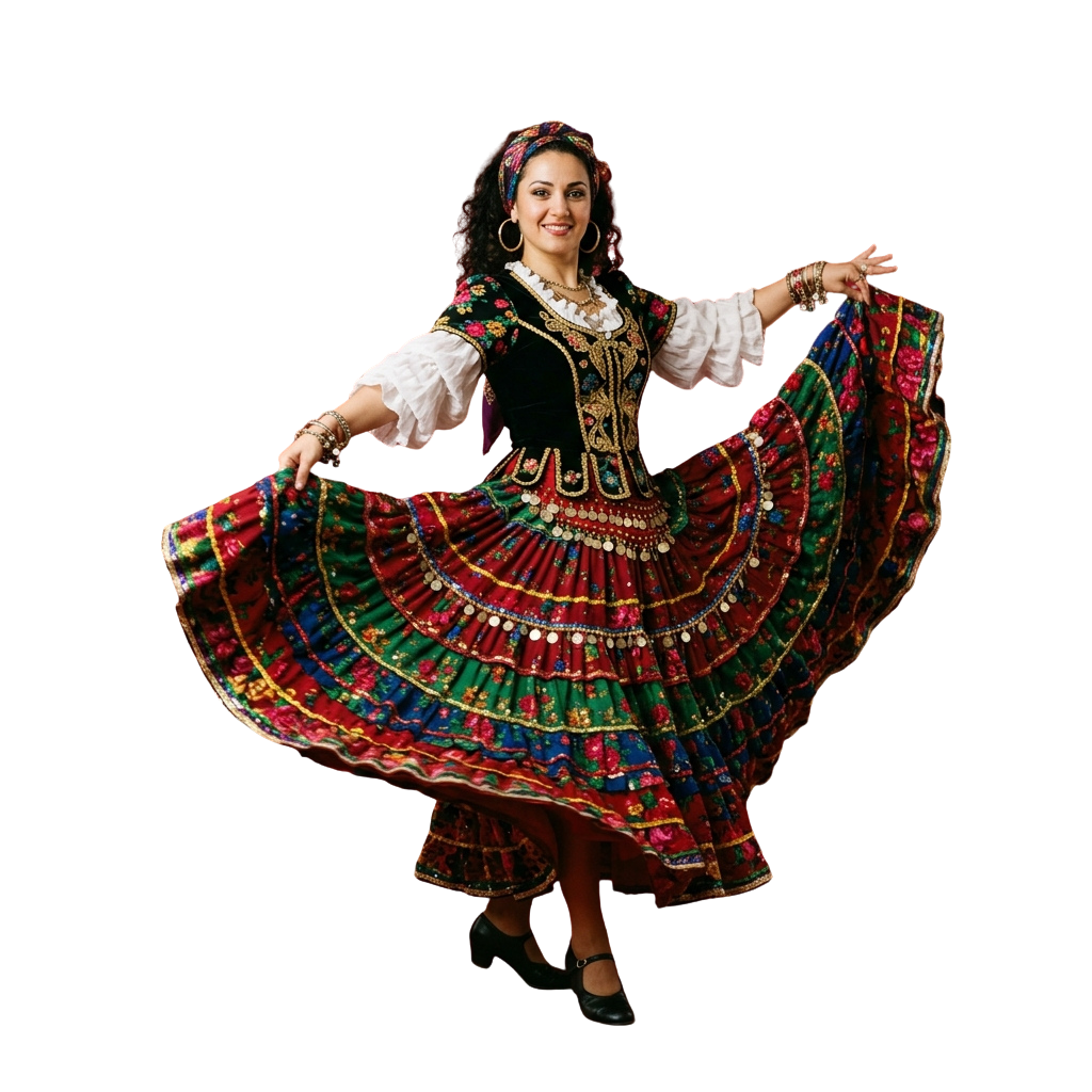 Person performing traditional dance in vibrant embroidered skirt and dark top with white blouse