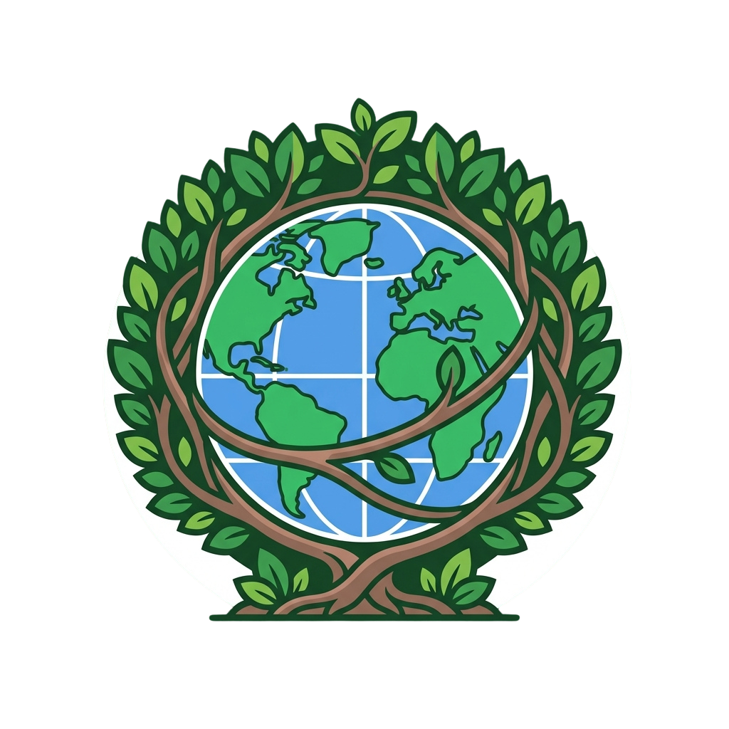 A globe wrapped with intertwined branches and leaves forming a circular border